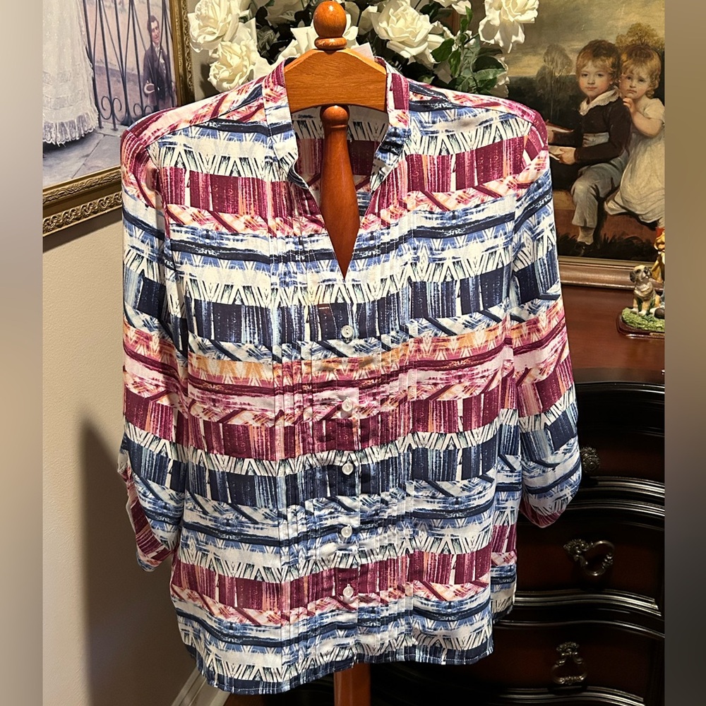 Alfred Dunner Vintage Burgundy and Blue Patterned Women’s Button up Shirt Sz 16
